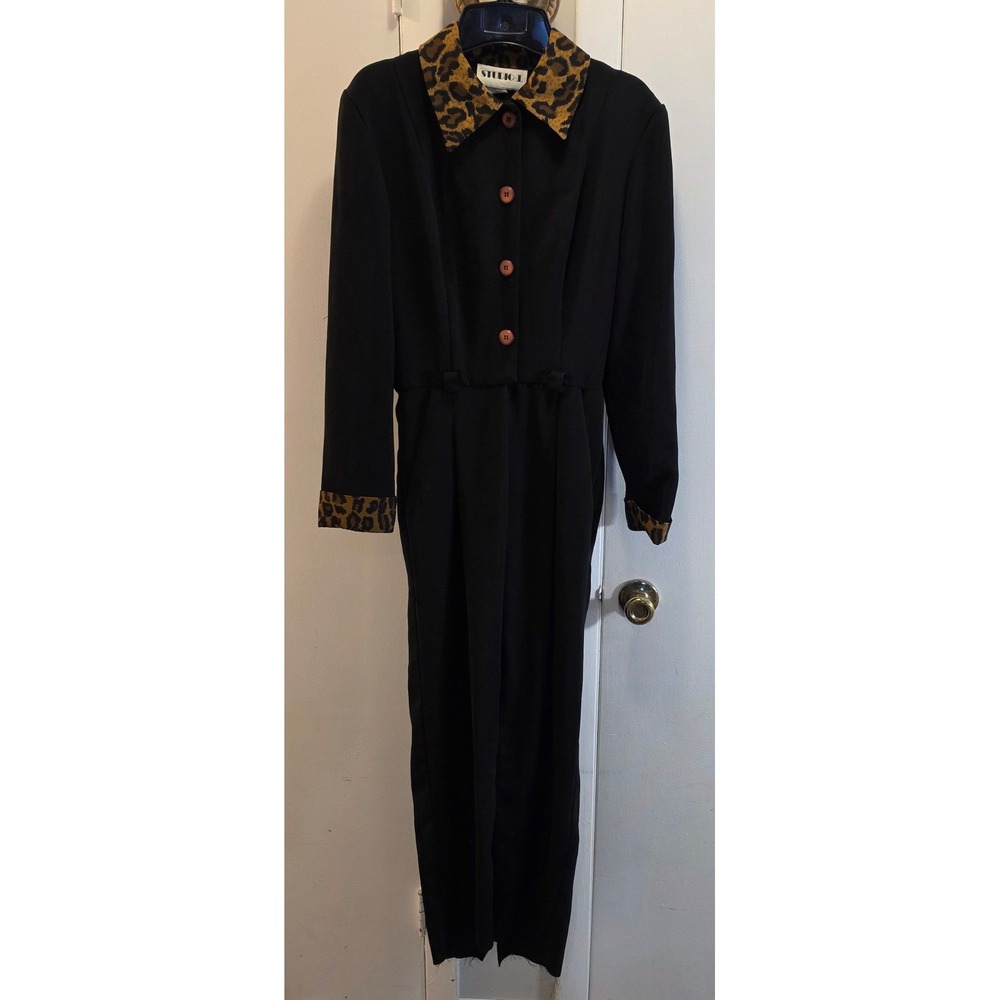 Vintage Studio I Black Jumpsuit Leopard Print Collar Cuffs Made in USA Size 6